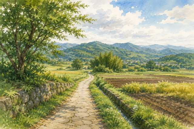 nara-asuka-rural-stone-path-watercolor