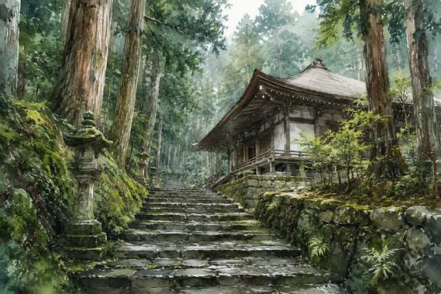 nara-cedar-forest-temple-stone-steps-watercolor