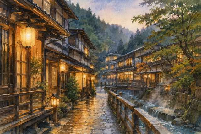 nara-dorogawa-onsen-lantern-street-watercolor