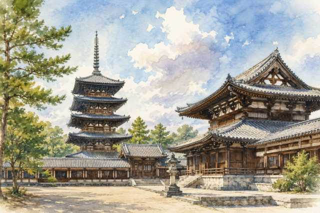 nara-horyuji-pagoda-temple-complex-watercolor