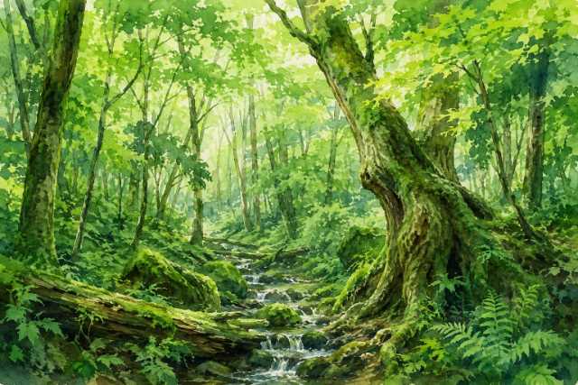 nara-kasugayama-primeval-forest-stream-watercolor