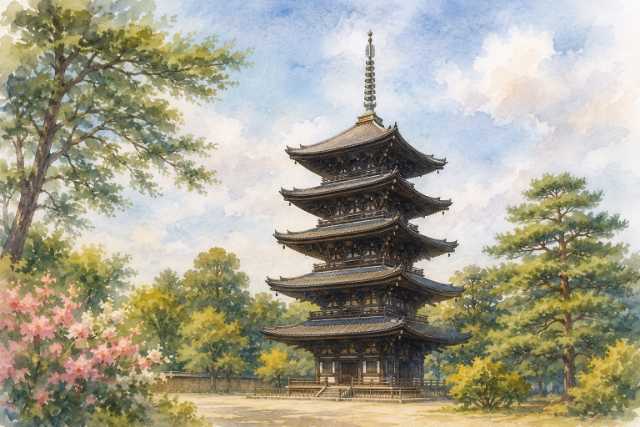 nara-kofukuji-five-story-pagoda-garden-watercolor
