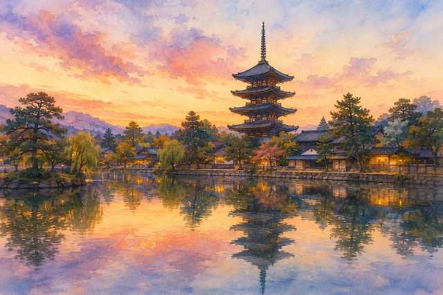 nara-kofukuji-five-story-pagoda-sunset-pond-watercolor