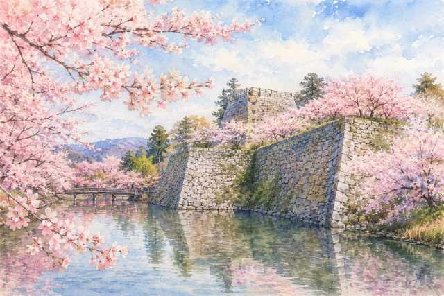 nara-koriyama-castle-cherry-moat-watercolor