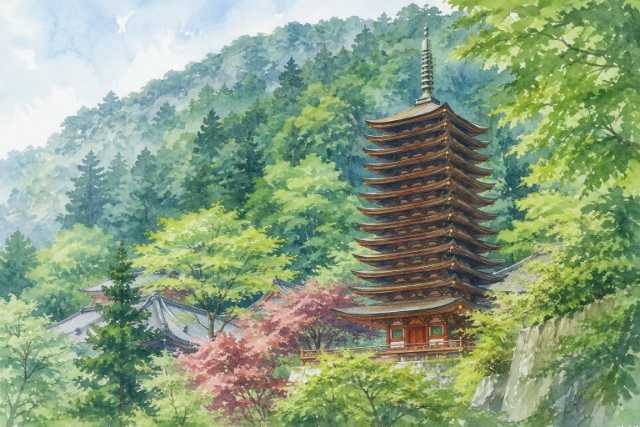 nara-muroji-five-story-pagoda-forest-watercolor