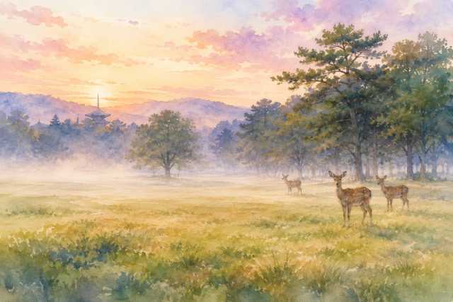 nara-park-deer-misty-sunrise-watercolor