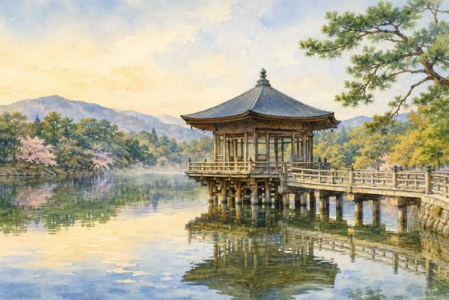 nara-ukimido-floating-pavilion-pond-watercolor
