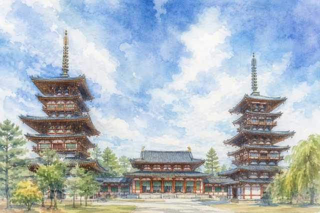 nara-yakushiji-twin-pagodas-watercolor