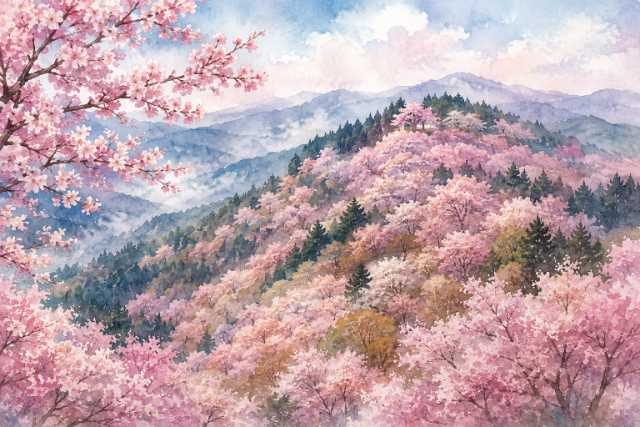 nara-yoshino-sakura-mountain-ridge-watercolor