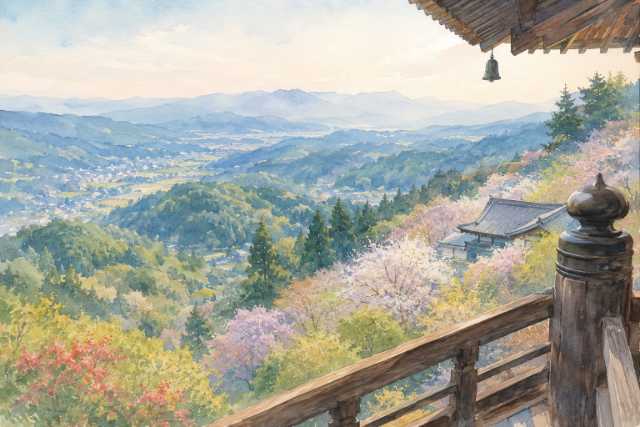 nara-yoshino-temple-veranda-mountain-view-watercolor