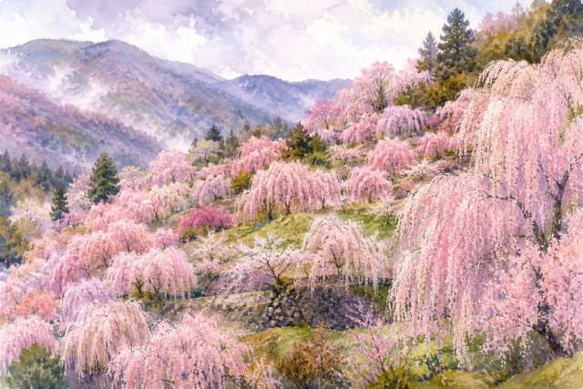 nara-yoshino-weeping-cherry-mountain-watercolor